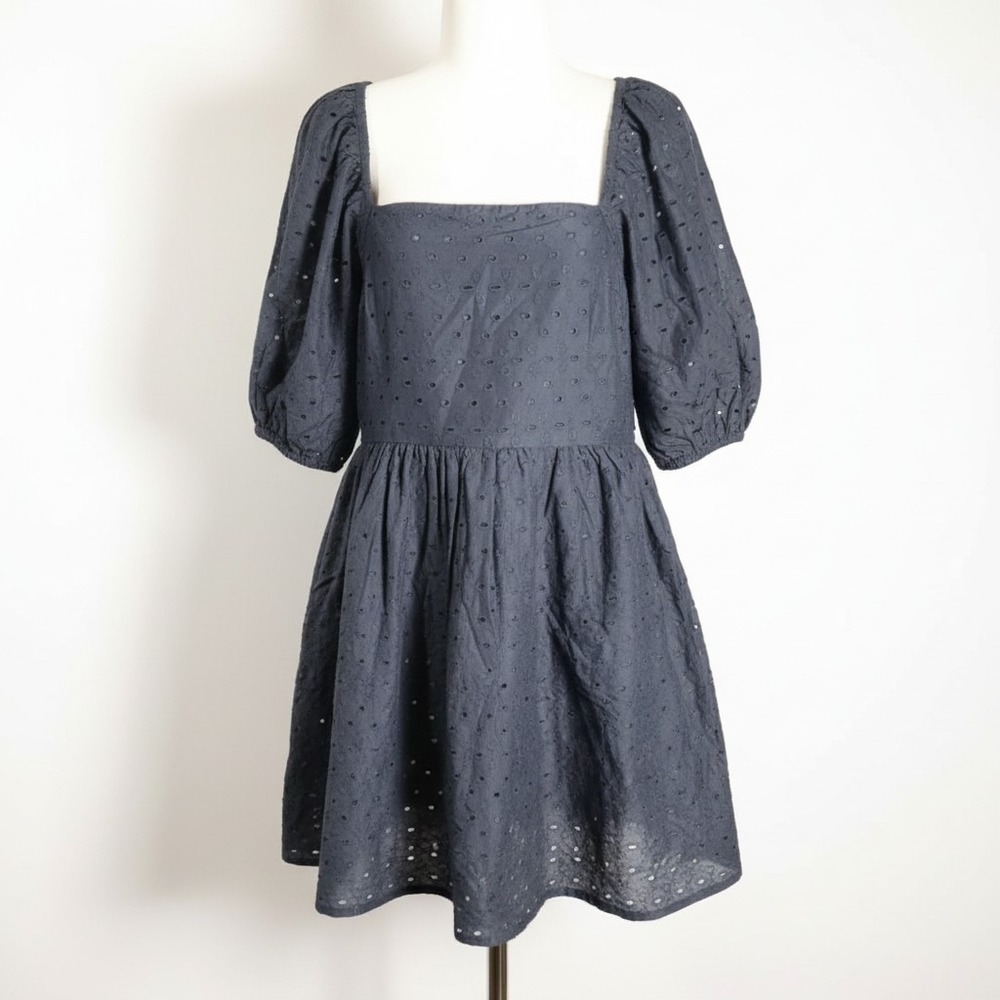 A New Day Black Puff 3/4 Sleeve Eyelet Cutout Mini Dress Smocked Back M Pullover